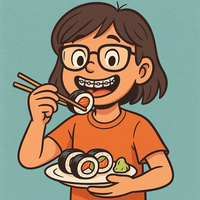 Cartoon girl with braces eating sushi, Orthodontist in Tomball, TX